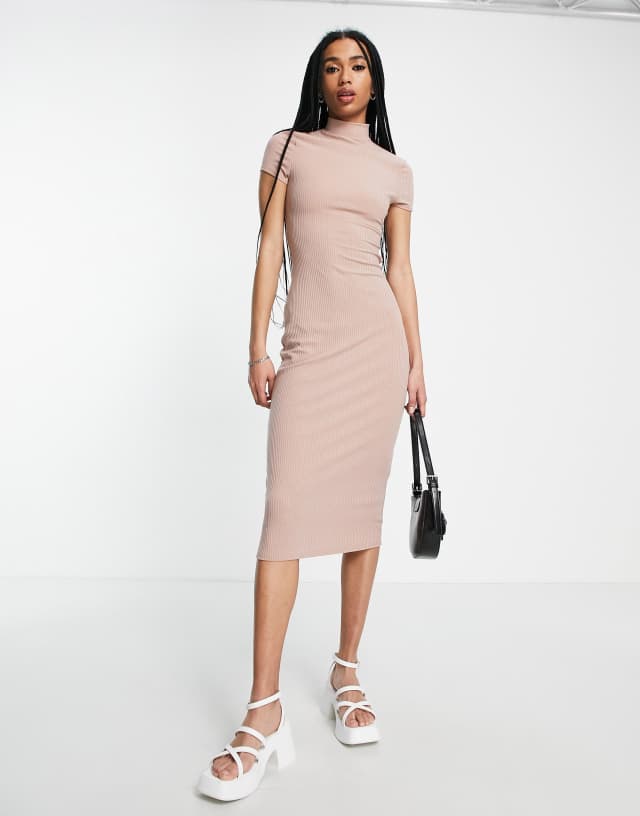 Miss Selfridge backless short sleeve midi dress in camel