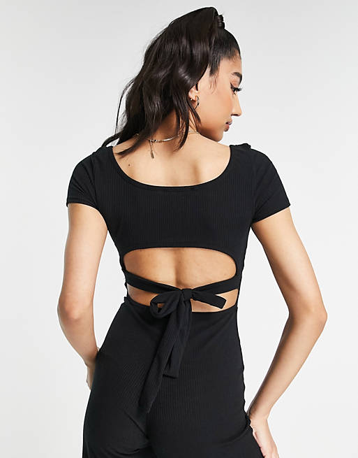 Natural Miss Selfridge Backless Wide Leg Rib Jumpsuit in Black Womens Jumpsuits and rompers Miss Selfridge Jumpsuits and rompers 