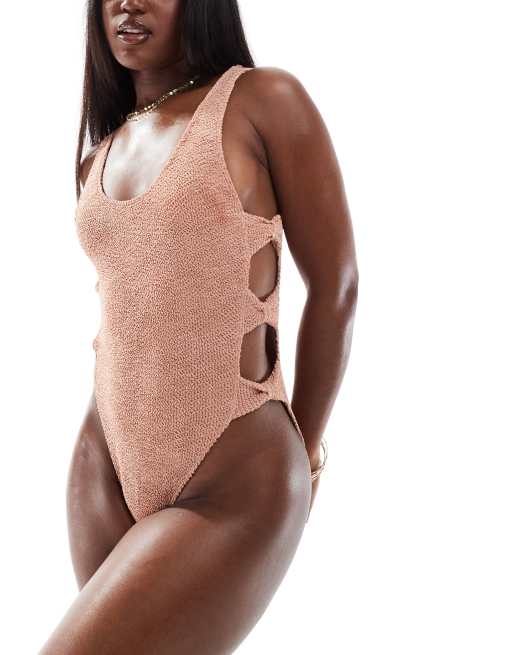 Miss Selfridge - Badpak van kreukelstof met strikjes aan de zijkant in taupe