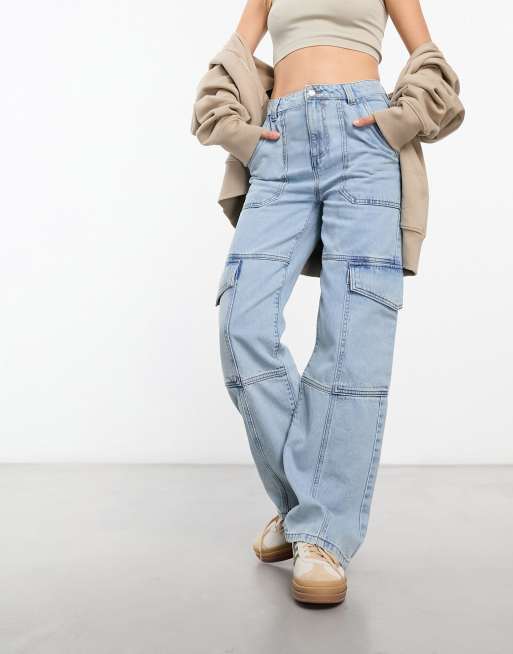 Petite Light Blue Wash Cargo Pocket Baggy Wide Leg Jeans