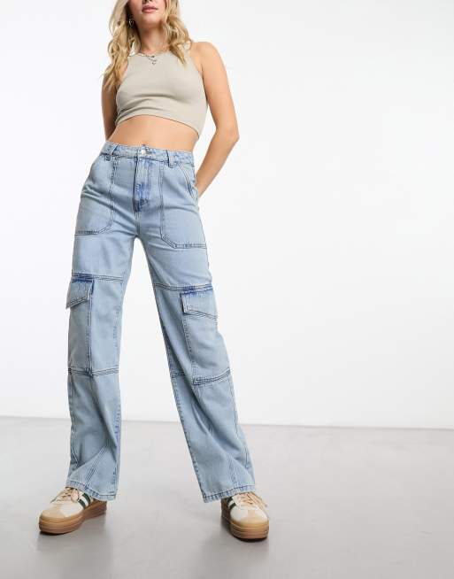 Petite Light Blue Wash Cargo Pocket Baggy Wide Leg Jeans