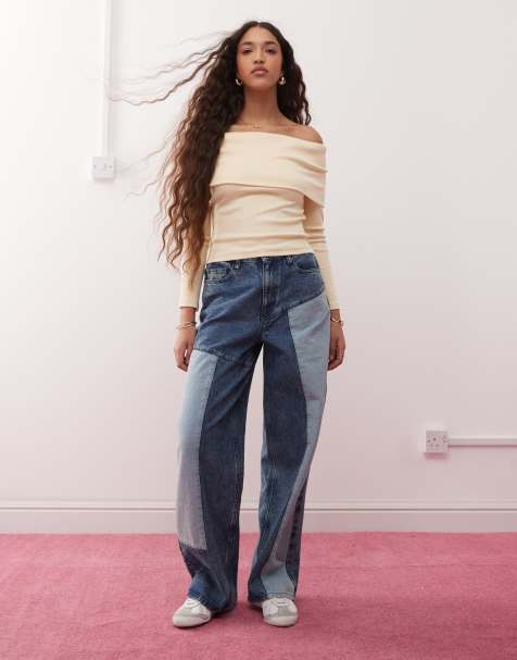 Miss Selfridge - Baggy denim jeans met patchworkdetails en wassing in blauw - view 1