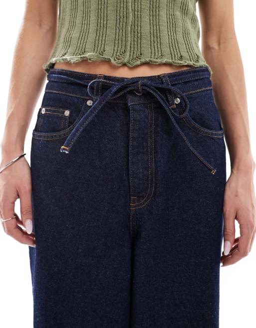 Miss Selfridge baggy drawstring belted jeans in indigo | ASOS