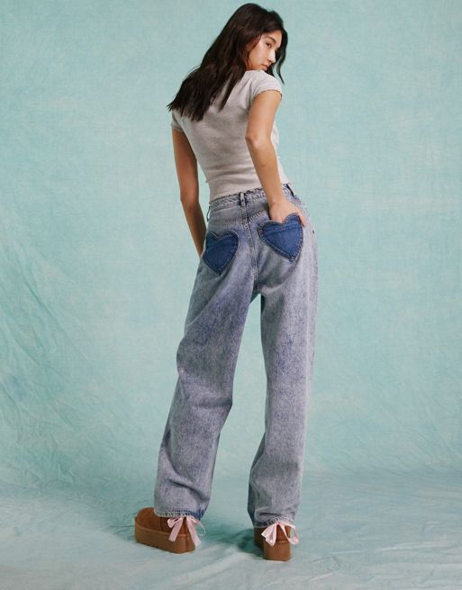 Low Waist Heart-Print Washed Baggy Jeans