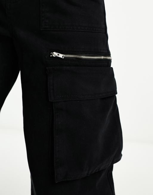 Miss Selfridge baggy twill cargo trouser in black, 3 of 4