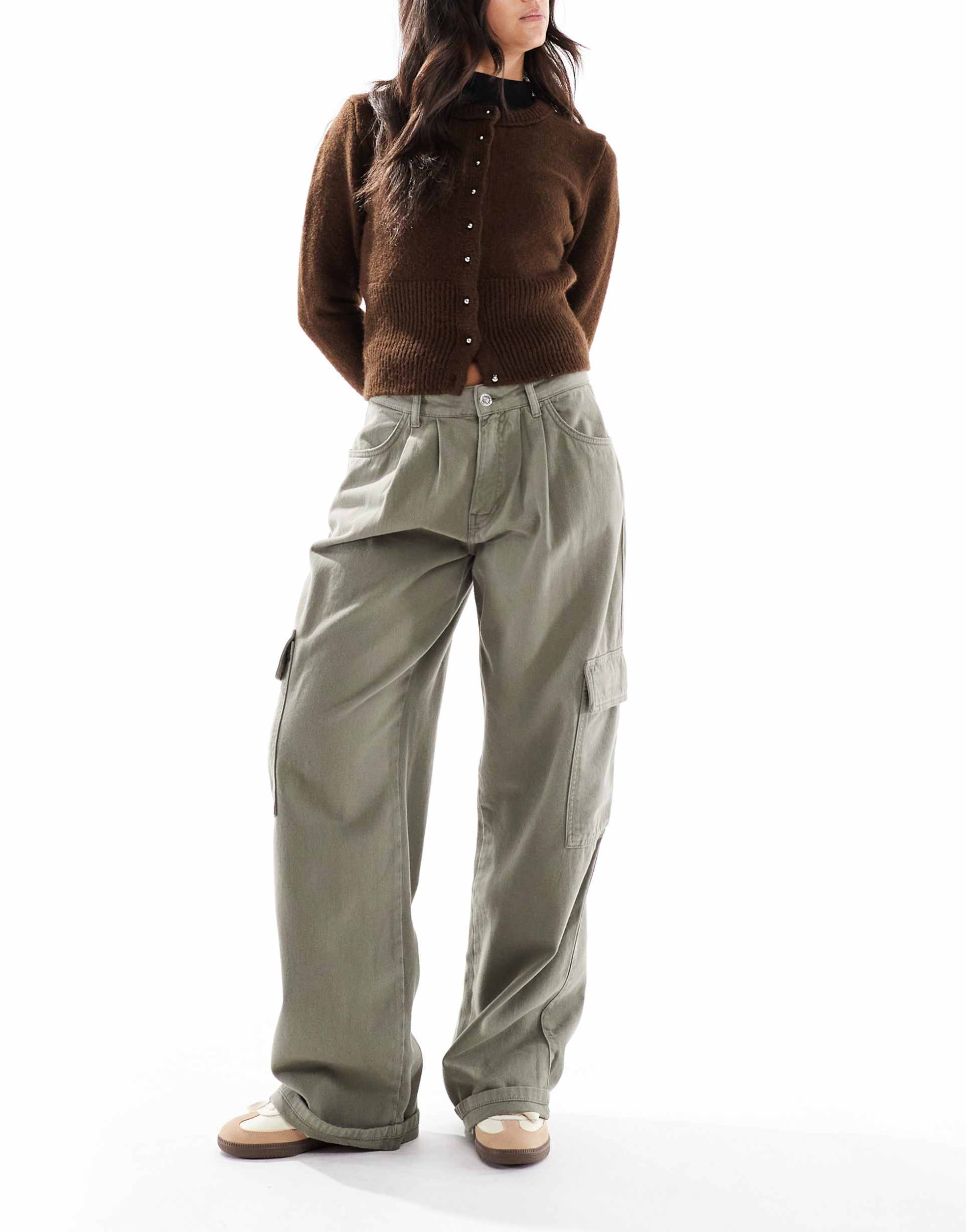 miss selfridge baggy utility cargo jeans in khaki