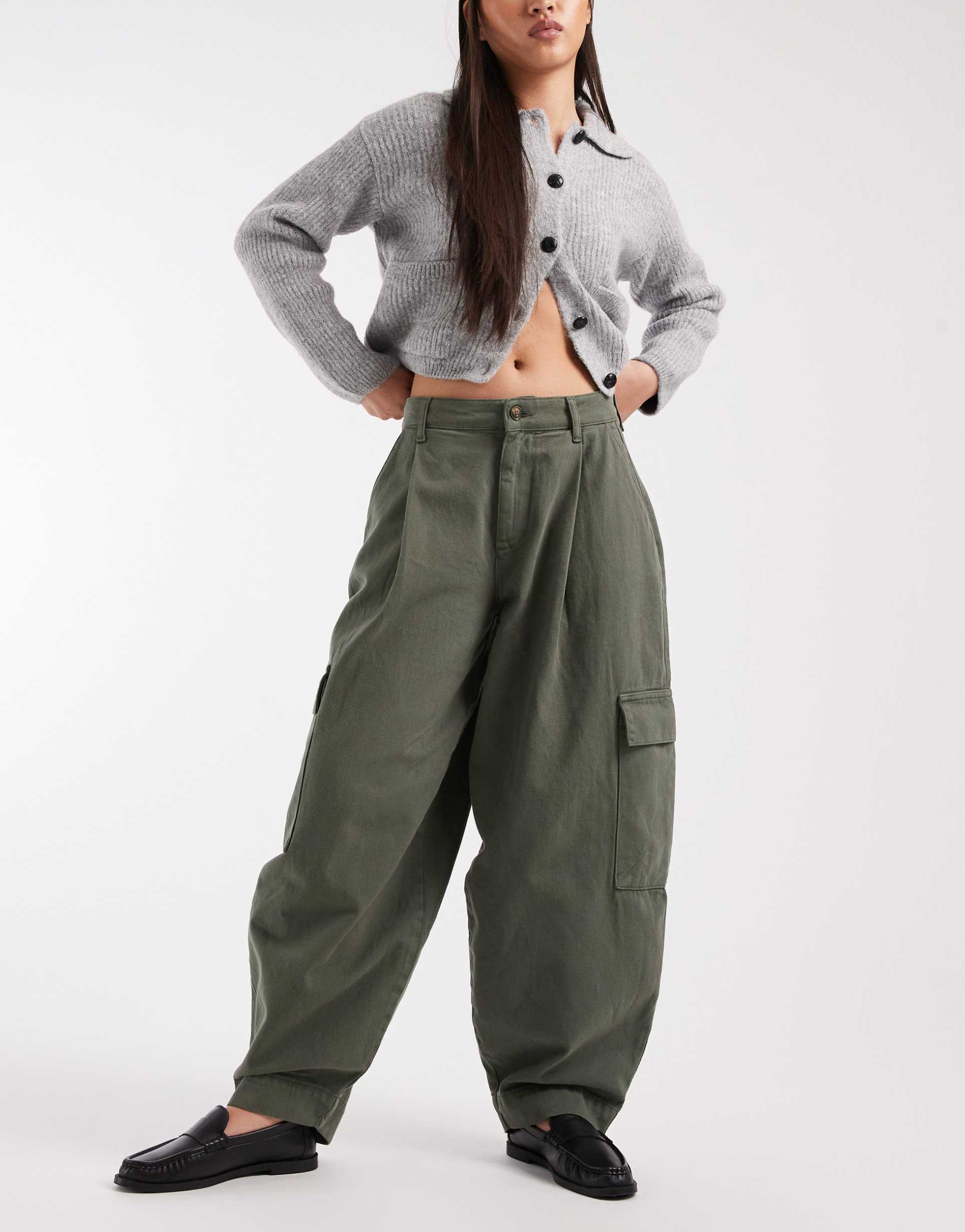 miss selfridge balloon leg utility cargo pants in khaki green