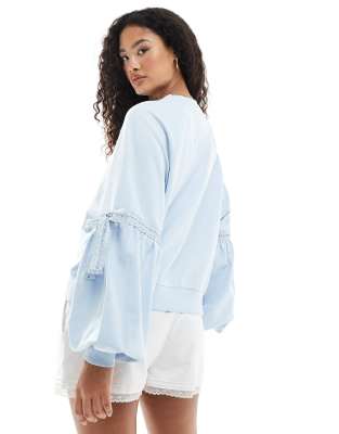 Miss Selfridge Balloon Sleeve Bow Sweatshirt In Blue