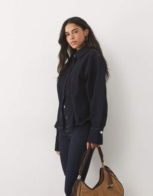 Miss Selfridge balloon sleeve denim shirt in raw wash, 4 of 4
