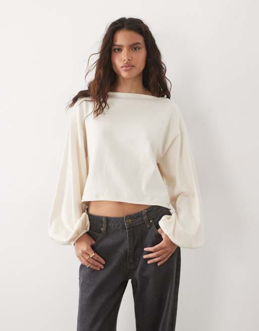 Miss Selfridge balloon sleeve knitted top in antique white, 3 of 4