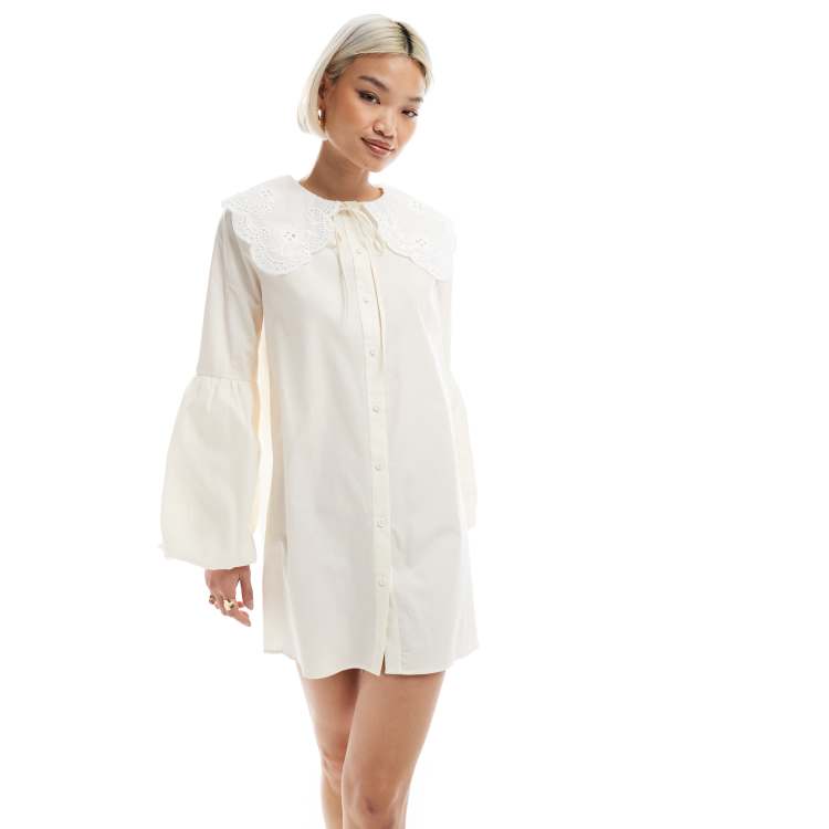 Miss Selfridge balloon sleeve oversized collar smock dress in white | ASOS