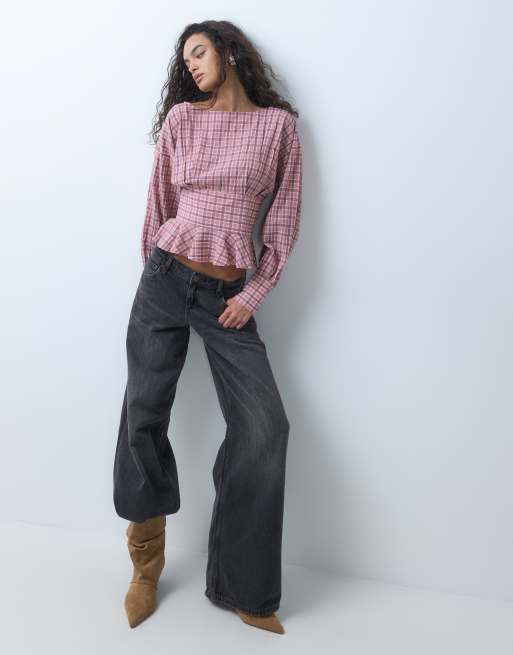 Miss Selfridge balloon sleeve peplum shirt in check, 2 of 5