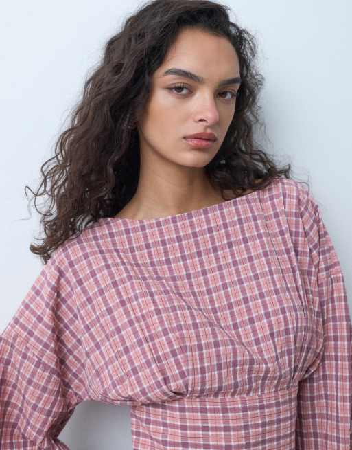 Miss Selfridge balloon sleeve peplum shirt in check, 4 of 5