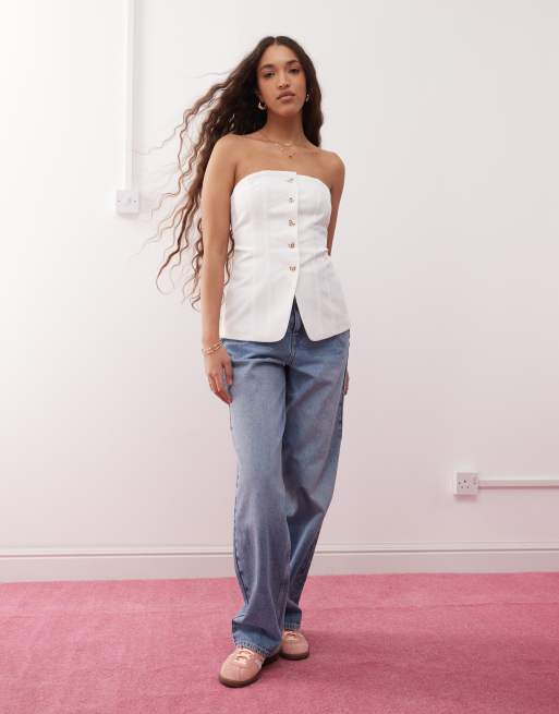 Miss Selfridge bandeau blazer top with heart buttons in white, 2 of 4