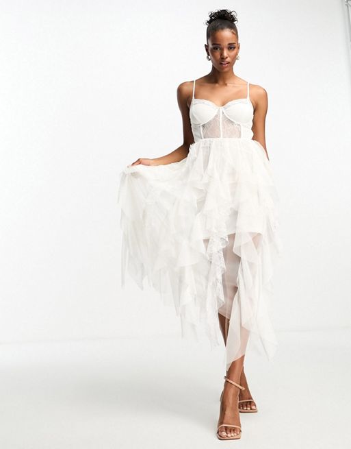 Miss Selfridge bandeau bridal lace detail frill maxi dress with