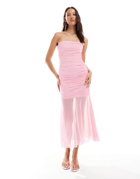 Miss Selfridge bandeau ruched drop waist summer midi dress in pink - view 1