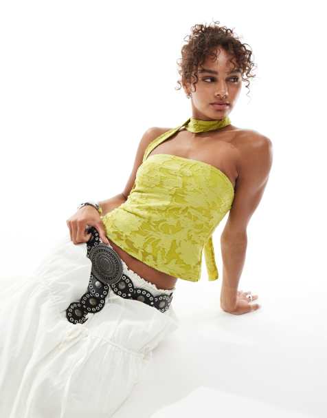 Miss Selfridge - Bandeau-sjaaltop met burn-out textuur in olijfgroen - view 1