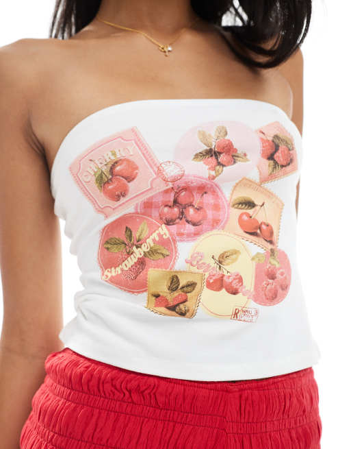 Miss Selfridge - Bandeau-top met zomerse ansichtkaartenprint in wit, 2 van 4