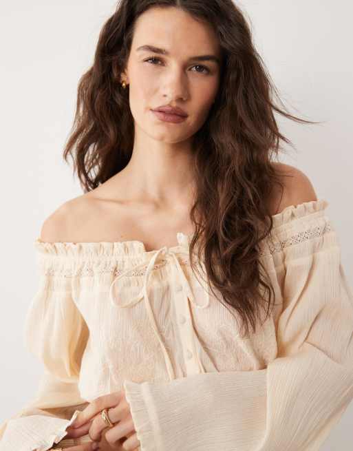 Miss Selfridge bardot boho blouse in cream, 2 of 4