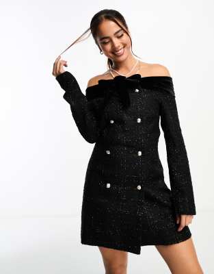 Miss Selfridge Bardot Boucle Mini Dress With Velvet Trim In Black