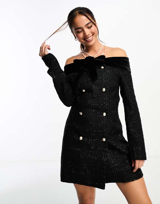 Miss Selfridge - bardot boucle mini dress with velvet trim in black