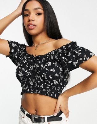 Miss Selfridge bardot crop top with buttons in mono floral