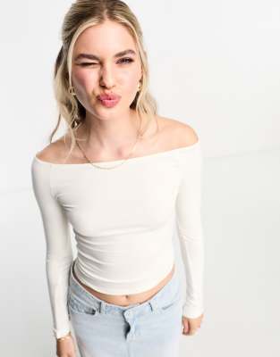 Miss Selfridge bardot long sleeve top in ivory-White