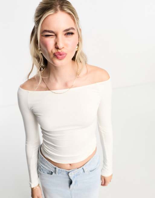 White long shop sleeve bardot top