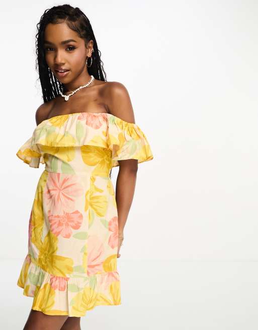 Miss Selfridge bardot ruffle mini dress in largescale floral