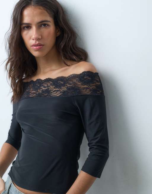 Miss Selfridge bardot top with lace trim in black, 5 of 5