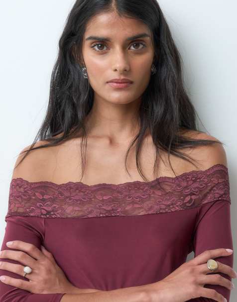 Miss Selfridge bardot top with lace trim in plum - view 1