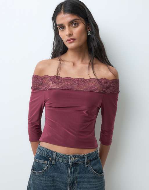 Miss Selfridge bardot top with lace trim in plum, 2 of 5