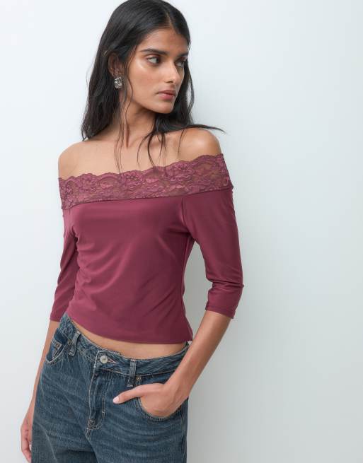 Miss Selfridge bardot top with lace trim in plum, 4 of 5