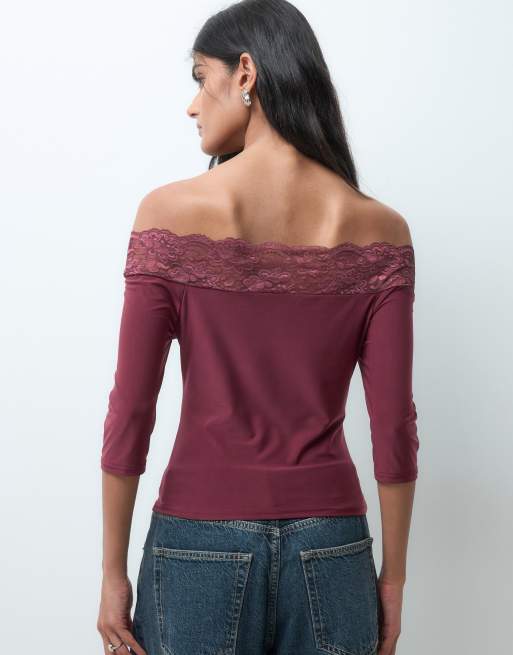 Miss Selfridge bardot top with lace trim in plum, 5 of 5