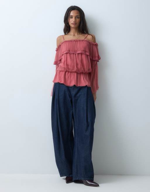 Miss Selfridge bardotblouse met ruches en dobby in roze, 5 van 5