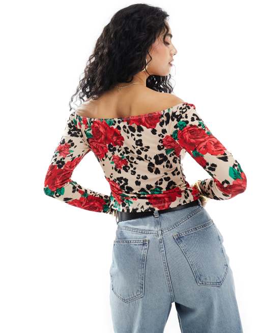 Miss Selfridge - Bardottop met dieren- en rozenprint, 4 van 4