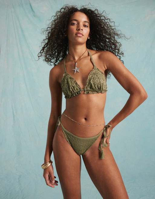Miss Selfridge Bas de bikini noue sur les cotes a volants et broderie anglaise Kaki ASOS