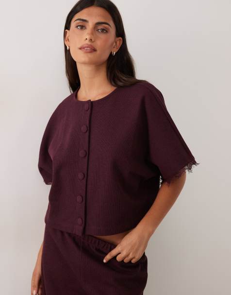 Miss Selfridge batwing sleeve button through top with lace trim in plum - view 1