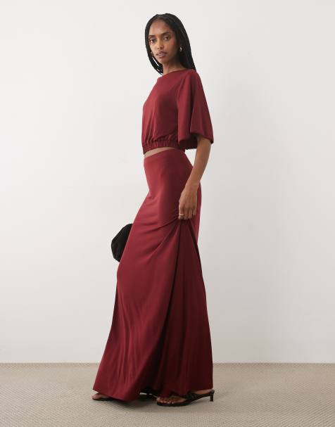 Miss Selfridge batwing sleeve cropped top with gather hem & maxi skirt set in plum - view 1