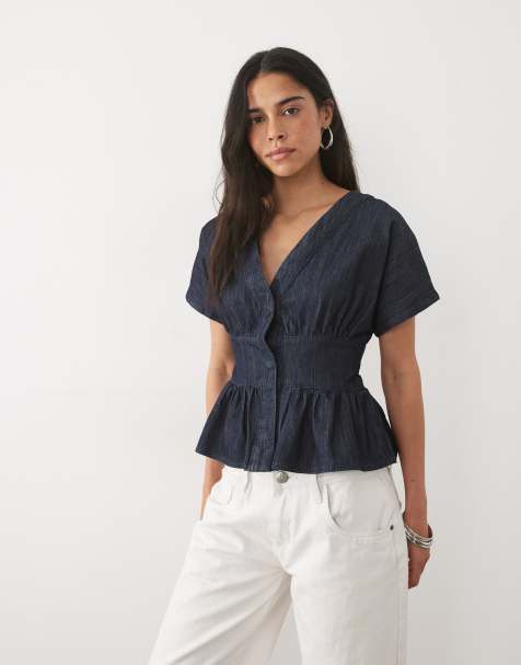 Miss Selfridge batwing sleeve tie front denim top in raw wash - view 1