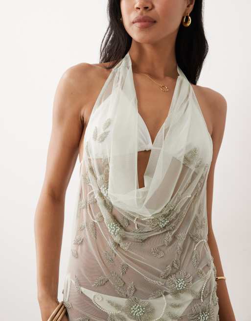 Miss Selfridge beach beaded cowl neck mini dress in sage, 3 of 4