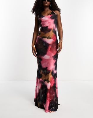 Miss Selfridge beach blurred tie dye mesh embellished maxi dress-Multi