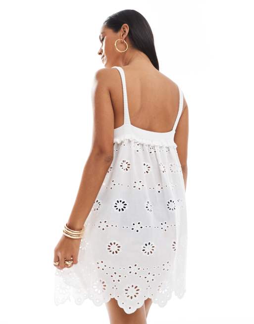 Miss Selfridge beach broderie contrast knit mini dress in cream