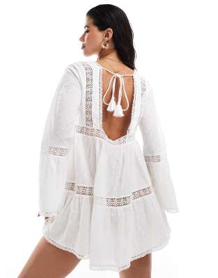 Miss Selfridge Beach Broderie Lace Insert Fluted Sleeve Cover Up Mini Dress In White