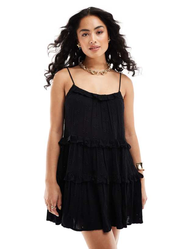 Miss Selfridge - beach broderie tie shoulder cover up mini dress in black