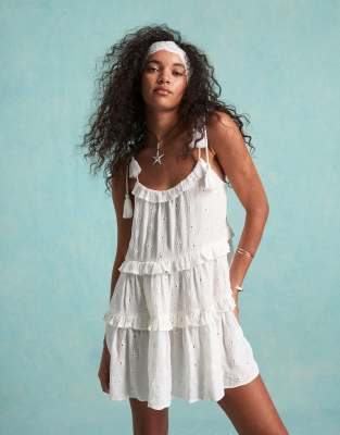 Miss Selfridge Miss Selfridge beach broderie tie shoulder cover up mini dress in cream-White