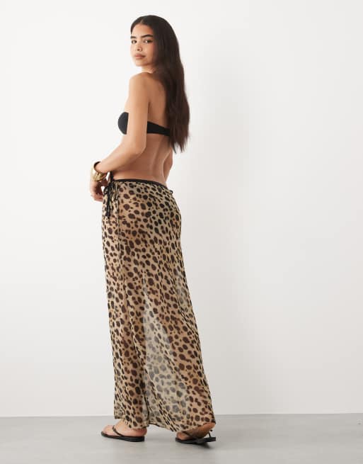 Miss Selfridge beach chiffon bias cut maxi skirt in animal print, 4 of 5