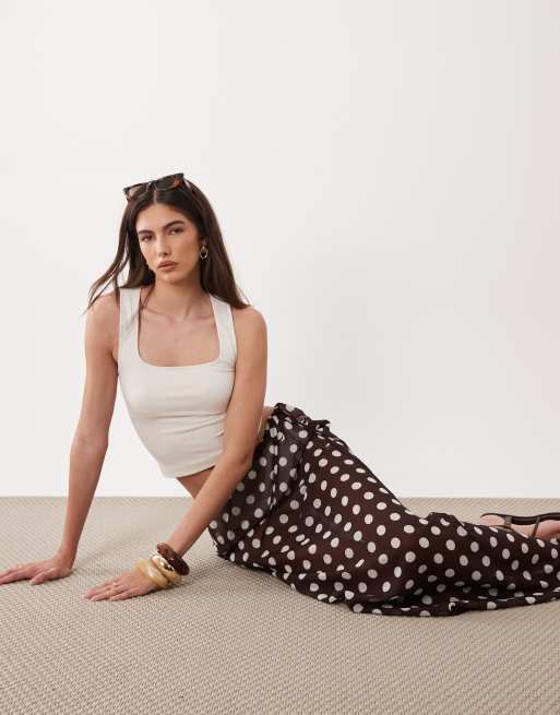 Miss Selfridge beach chiffon bias cut maxi skirt in chocolate polka dot, 3 of 5