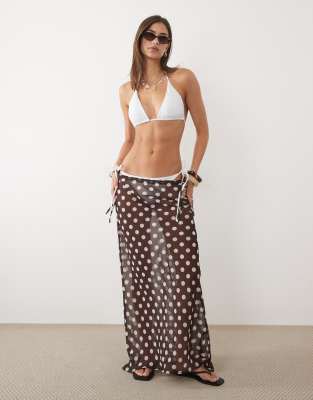 Miss Selfridge beach chiffon bias cut maxi skirt in chocolate polka dot