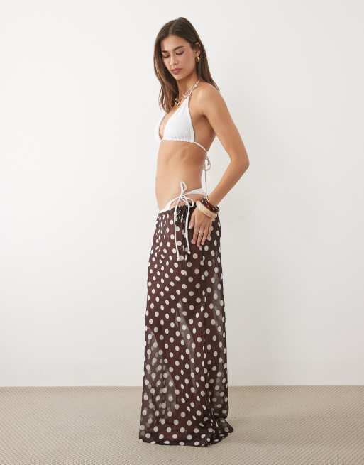 Miss Selfridge beach chiffon bias cut maxi skirt in chocolate polka dot, 4 of 5